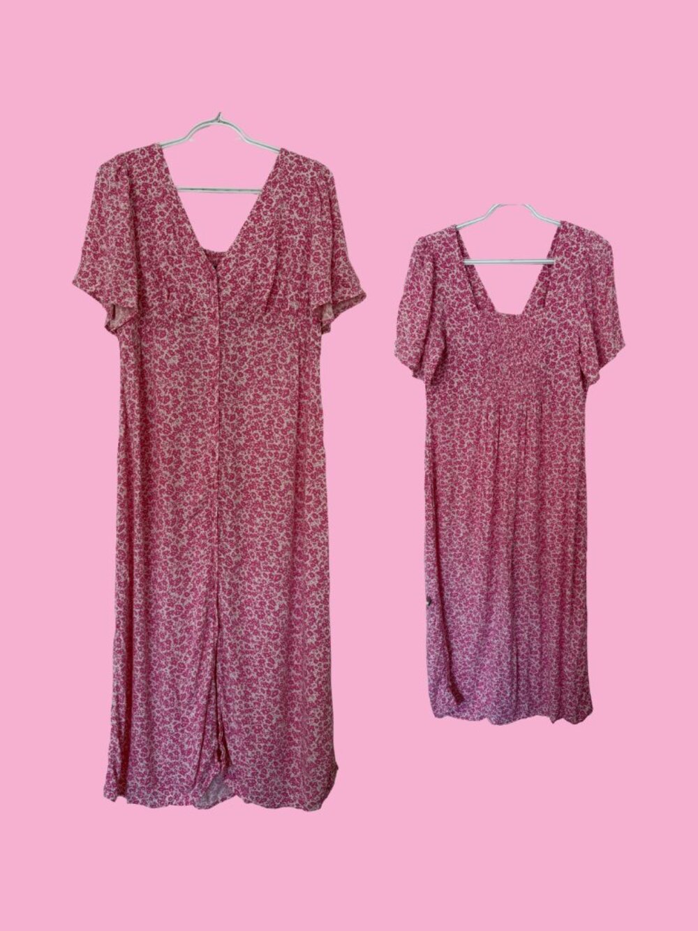 Old Navy Ditsy Floral V-Neck Smocked Button Down Midi Dress, Pink and White, L